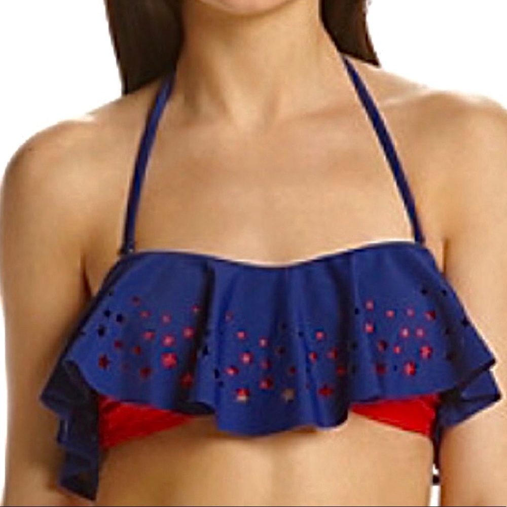 Sizes S, M, L, XL In Mocean Navy Laser Cut Flounce Bikini Top